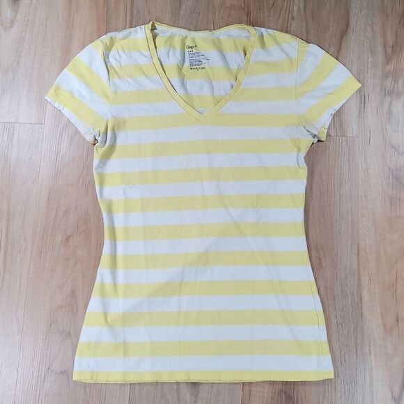 🔺️Gap Yellow & White Stripe Short Sleeve Top Small - Picture 1 of 9